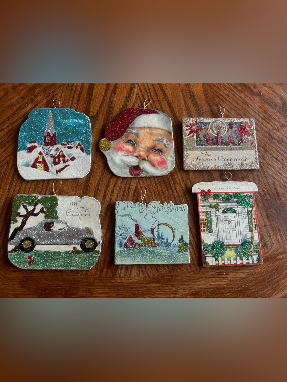 Vintage Handmade Glittered Christmas Card Wood Ornaments Set of 6